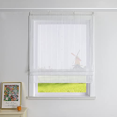 CORLIF Raffrollo Gestreifte Raffgardinen mit Streifen mit Baumwollgarn-Optik Gardinen Landhaus Bändchenrollo Küche Transparente Rollos Modern für Fenster mit Klettband Weiß BxH 100x140 cm 1 Stück von CORLIF