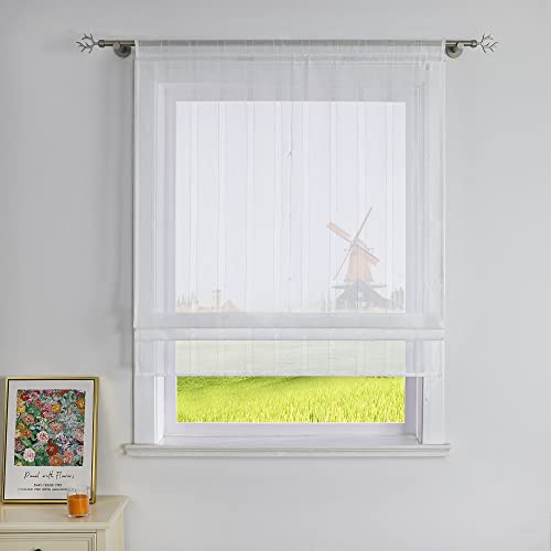 CORLIF Raffrollo Gestreifte Raffgardinen mit Streifen mit Baumwollgarn-Optik Gardinen Landhaus Bändchenrollo Küche Transparente Rollos Modern für Fenster mit Tunnelzug Weiß BxH 120x140 cm 1 Stück von CORLIF