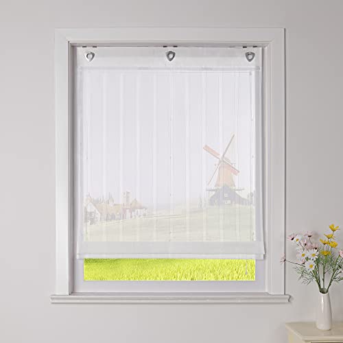 CORLIF Raffrollo Gestreifte Raffgardinen mit Streifen mit Baumwollgarn-Optik Gardinen Landhaus Ösenrollo Küche Transparente Rollos Modern für Fenster ohne Bohren mit Ösen Weiß BxH 120x140 cm 1 Stück von CORLIF