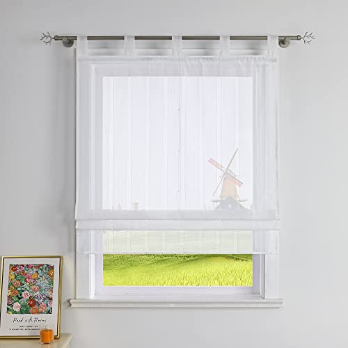 CORLIF Raffrollo Gestreifte Raffgardinen mit Streifen mit Baumwollgarn-Optik Gardinen Landhaus Schlaufenrollo Küche Transparente Rollos Modern für Fenster mit Schlaufen Weiß BxH 120x140 cm 1 Stück von CORLIF