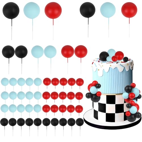 CORNER LACE 52 Stücke Ball Kuchen Dekorationen - Rot Blau Schwarz Kugel-Dessert-Auswahl Kuchen Cupcake Topper, Geburtstagsfeier Baby Dusche Geschlecht Reveal Kuchen Zubehör von CORNER LACE