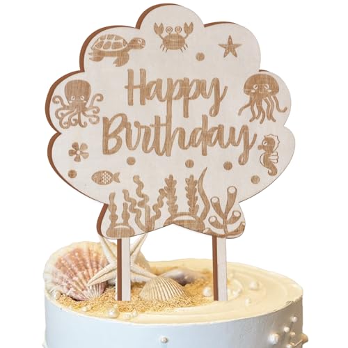 CORNER LACE Ocean Theme Holz Happy Birthday Kuchen Topper unter der Meerestiere Kuchen Pick, Shell Form Kuchen Dekorationen für Geburtstag Party Supplies von CORNER LACE