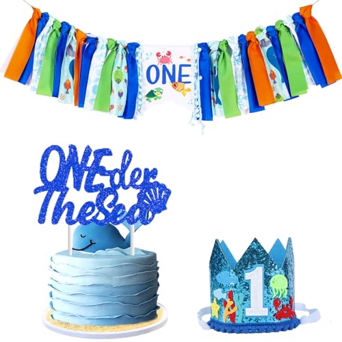 CORNER LACE Ozean 1. Geburtstag Dekorationen für Jungen Blau, Unter dem Meer Hochstuhl Banner Erster Geburtstag Hut Glitzer Krone Kuchen Topper, Quallen Krabbe Ein Jahr Alt Geburtstag Party Supplies von CORNER LACE