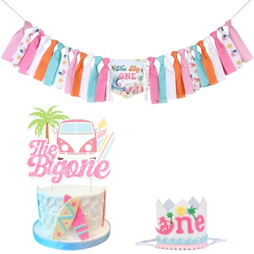 CORNER LACE Surf 1. Geburtstag Dekorationen für Mädchen Rosa, The Big One Surf Hochstuhl Banner Erster Geburtstag Hut Glitzer Krone Kuchen Topper, Ein Jahr Alt Geburtstag Party Supplies von CORNER LACE