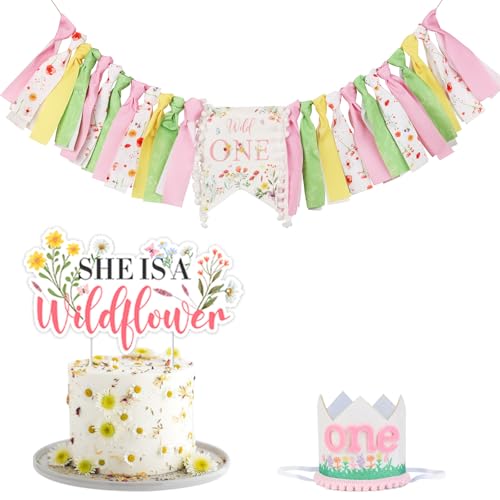 CORNER LACE Wildflower 1. Geburtstag Dekorationen für Mädchen Rosa Wild One Hochstuhl Banner Erster Geburtstag Hut Glitzer Krone Kuchen Topper Ein Jahr Alt Geburtstag Party Supplies von CORNER LACE