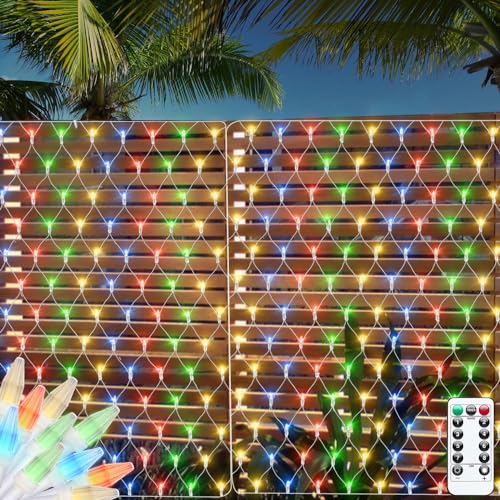 Außen Lichternetz Batterie Mini Lichterkette 100LED 1.5x1.5m Baum Lichterkette Netz Garten Lichterkette Kabel Weiß mit Fernbedienung & Timer 8 Modi(RGB) von CORST