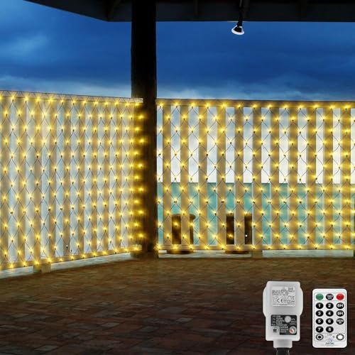 CORST 4.5X1.5M Lichternetz Außen Weihnachts mit Stecker, Mesh Netzlichter Weihnachtsbaum Garten Außen Lichterkette für Büsche, Grüner Draht,mit Fernbedienung und Timer für Xmas(Warmweiss) von CORST