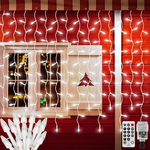 CORST 6M X 1M Eisregen Lichtervorhang Außen Weihnachten mit Stecker,300LED Diamant Lichterkette Fenster Lichterketten Vorhang,Garten Lichterkette mit Fernbedienung,Verknüpfbar für Christmas(Weiss) von CORST