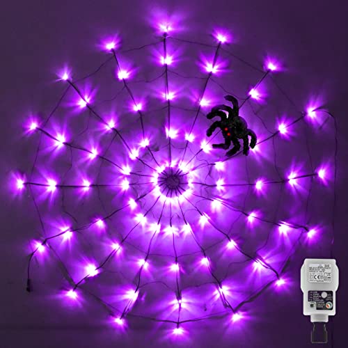 CORST Halloween Dekorationen Spinnennetz Lichter, 3.9FT 80LED Lichternetz mit Stecker 8Modi schwarzer Spinnen Fenster Dekoration für gruselige Halloween Spooky Nacht (lila) von CORST