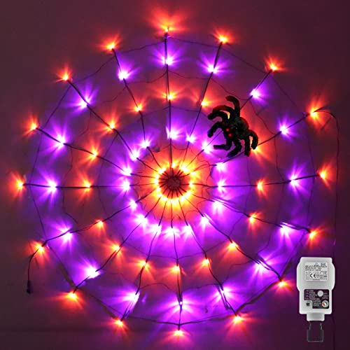 CORST Halloween Spinnennetz Lichter, 3.9FT 80LED Lichternetz mit Stecker 8Modi schwarzer Spinnen Fenster Dekoration für gruselige Halloween Spooky Nacht (Orange+Lila) von CORST