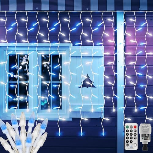 6M X 1M Eisregen Lichtervorhang Außen Weihnachten mit Stecker,300LED Diamant Lichterkette Fenster Lichterketten Vorhang,Garten Lichterkette mit Fernbedienung,Verknüpfbar für Christmas(Blau+Weiss) von CORST