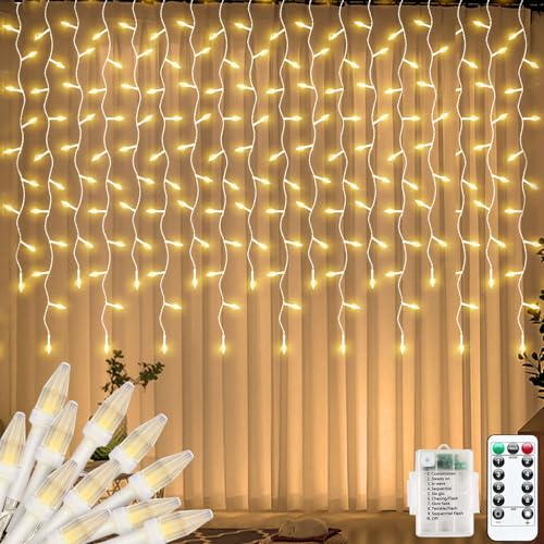 CORST Eiszapfenlichter Außen Weihnachten Lichtervorhang für Zimmer,3X1M 150 LED Fenster Lichterkette Vorhang Batteriebetrieben,Wasserfall Lichter Innen Kabel weiß mit Fernbedienung Timer(Warmweiß) von CORST