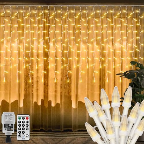 CORST 6M X 1M Weihnachten Lichtervorhang Außen mit Stecker,300LED Fenster Lichterketten Vorhang,Eisregen Lichterkette Innen Garten Lichterkette mit Fernbedienung Timer,Verknüpfbar,Weißes Kabel von CORST