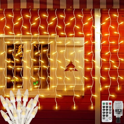 CORST 6M X 1M Weihnachten Lichtervorhang Außen mit Stecker,300LED Fenster Lichterketten Vorhang,Eisregen Lichterkette Innen Garten Lichterkette mit Fernbedienung Timer,Verknüpfbar,Weißes Kabel von CORST