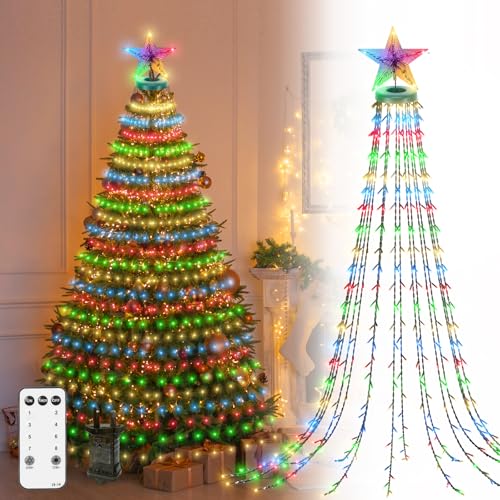 Lichterkette Weihnachtsbaum mit Stern Spitze, 2.5M 400LEDs Weihnachtslichterkette mit Stecker für Innen Außen,Baum Lichtervorhang Fernbedienung für 150, 180, 240,300cm Tannenbaum(RGB) von CORST