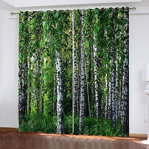 CORYBE Vorhang Blickdicht mit Ösen 3D Sonnenaufgang Birkenwald Landschaft Verdunkelungsvorhang Wohnzimmer 2er Set Druck Vorhänge Polyester Schallschutz Vorhang für Kinderzimmer Dekoration 300x280cm von CORYBE