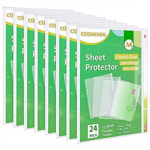 COSHEHKG A4 Prospekthüllen, 24Pcs Klarsichthüllen mit 𝗘𝘁𝗶𝗸𝗲𝘁𝘁 𝗧𝗮𝘀𝗰𝗵𝗲 𝗘𝘅𝘁𝗿𝗮 𝗦𝘁𝗮𝗿𝗸 11 Löcher Wallets, Seite Öffnung Crystal Clear Binder Ordner Hülle für Papier & Dokumente von COSHEHKG