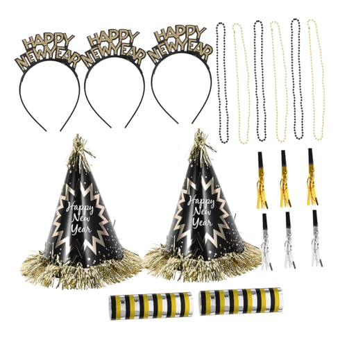 COSMEVIVI 1 Silvester Partyhut, Dekorationszubehör, Schwarz Goldfarbene Halskette, Papierhut, Stirnband, Blasender Drache, Set Für Silvesterpartys, Silvesterpartyhüte, Silvesterpartyzubehör von COSMEVIVI