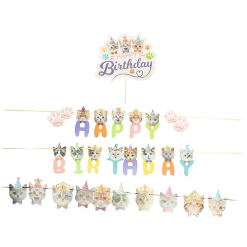 COSMEVIVI Kätzchen Geburtstagsparty Set Mit Happy Birthday Flagge Und Cupcake Topper Ideal Für Katzenliebhaber Kreative Tortendeko Und Festliche Partygeschirr Für Den Besonderen Tag von COSMEVIVI