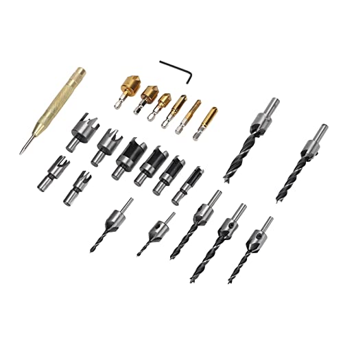 23pcs Holzbearbeitungs -Werkzeugkit, Countersink -Bohrer, Steckerschneider, 5 Flötengestaltung, Hochgeschwindigkeitsstahl, Easy Carry Case, für Holzbohrungen und Schneiden von COSMICROWAVE