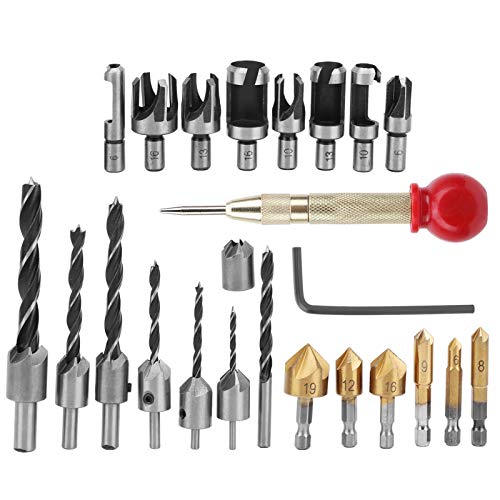 Holzbearbeitungsbohrer-Set, Fasenloch-Senkbohrwerkzeuge, Schnellarbeitsstahl, Ti-plattiert, 7 Stück Dreispitz-Bits, 6 Stück Sechskantschaft-Bits, für Holz- und PVC-Platten, von COSMICROWAVE