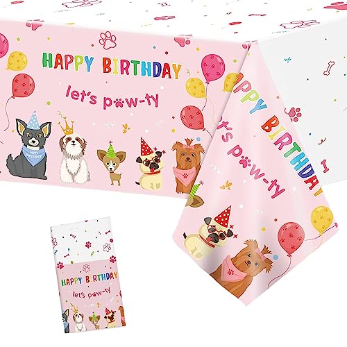 137 x 274 cm Pfotenabdruck Welpe Hund Geburtstag Tischdecke Rosa, Mädchen Hund Happy Birthday Tischdecke Kunststoff Haustier Hund Party Einweg-Tischdecke für Hunde Geburtstag Party Dekorationen, Welpe von COSORO