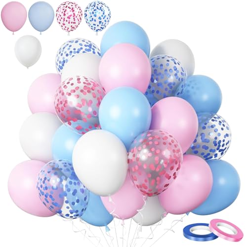 60 Stück 30,5 cm große Babyblau-rosa Luftballons Set, dicke Latex-Party-Luftballons, Pastellrosa, Blau, Weiß, Ballon-Konfetti-Ballons für Geschlecht Offenbarung, Junge oder Mädchen, Babyparty, von COSORO