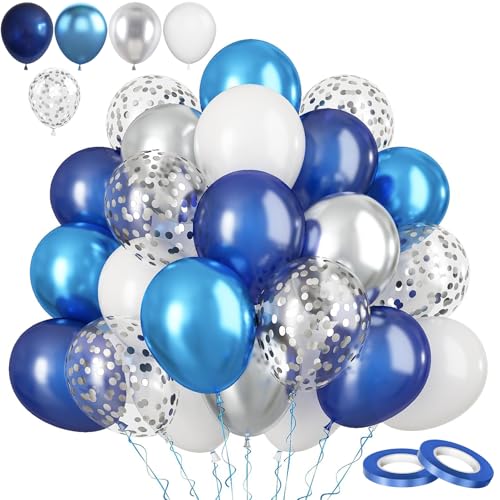 60 Stück 30,5 cm metallisch-blau-silberfarbene Luftballons im Set, dicke Latex-Party-Luftballons, weiße, marineblaue Luftballons, Konfetti-Ballons, Helium-Ballons für Abschlussfeier, Babyparty, Raum, von COSORO