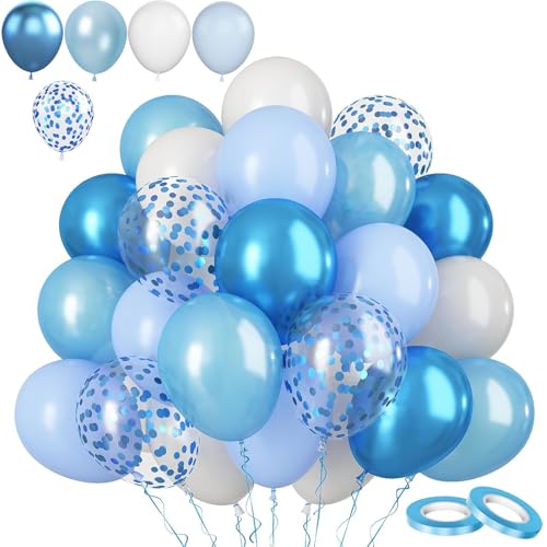 60 Stück 30,5 cm pastell-metallisch-blau-weiße Luftballons, dicke Latex-Luftballons, Babyblau, Konfetti-Ballons, Helium-Ballons für Abschlussfeier, Babyparty, Geburtstag, Party-Dekorationen von COSORO