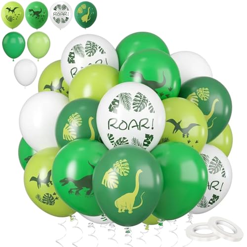 60 Stück 30,5 cm weiß-grüne Dinosaurier-Ballon-Set, dicke Latex-Party-Dino-Druck, Dschungel-Safari-Luftballons, Helium-Ballons für Kinder, Jungen, Geburtstag, Dschungel, Safari, Dinosaurier, von COSORO