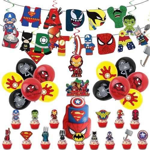 Avengers Superhelden-Geburtstagsparty-Dekorationen für Jungen, Iron Man, Hulk, Spiderman, Geburtstagsbanner, Superhelden-Luftballons, Kuchendekoration, hängende Spirale für Kinder, Jungen, von COSORO