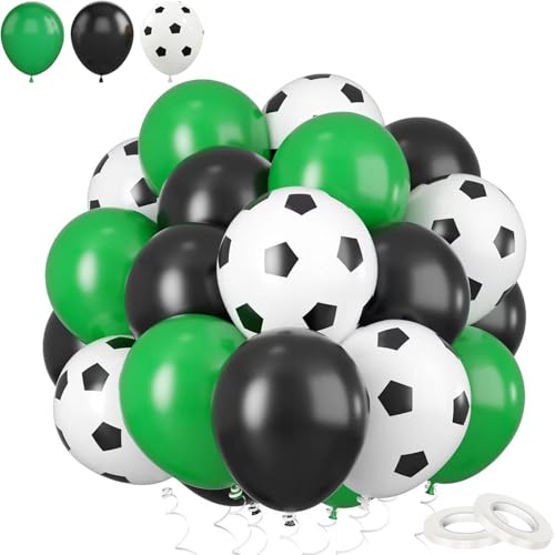 COSORO Fußballballon-Set, 30,5 cm, schwarz, grün, weiß, dicke Latex-Ballons, bedruckte Helium-Ballons für Jungen, Geburtstag, Sport, Event, Fußball, Party, Dekoration, 60 Stück von COSORO