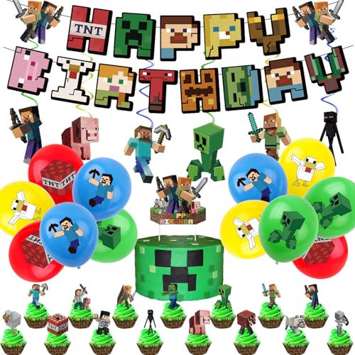 Minecraft Geburtstagsparty-Dekorationen für Jungen, Mine-Craft Happy Birthday-Banner, Minenspiel-Ballons, Kuchendekoration, hängende Spirale für Kinder, Jungen, Minenarbeiter, Gaming-Thema, von COSORO