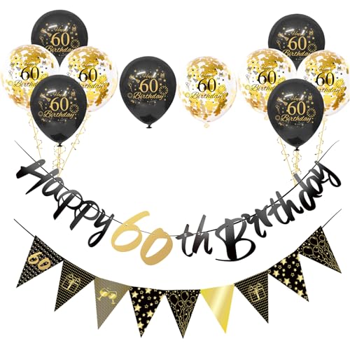 Schwarz-goldene Dekorationen zum 60. Geburtstag für Männer und Frauen, 12 Stück, Deko-Set zum 60. Geburtstag, Wimpelkette, Banner, Dreiecksflagge, 60. Geburtstag, Luftballons für Sie und Ihn, 60. von COSORO