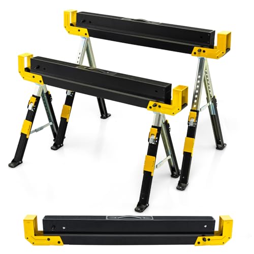 COSTWAY 2 x ​Arbeitsbock höhenverstellbar, bis 1180 kg belastbar, Klappbarer Sägebock, Rutschfeste PVC-Oberseite, Tragbarer Unterstellbock mit Griff, Faltbarer Gerüstbock Klappbock (Gelb+Schwarz) von COSTWAY