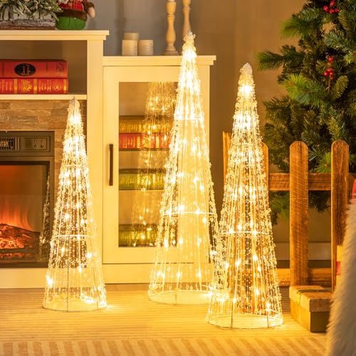 COSTWAY 3 Stück LED Pyramide Lichterkegel, Weihnachtsdeko für außen & innen, Weihnachtsdekoration mit Lichterkette & Sternschnüren, Weihnachtsbeleuchtung für Weihnachten von COSTWAY