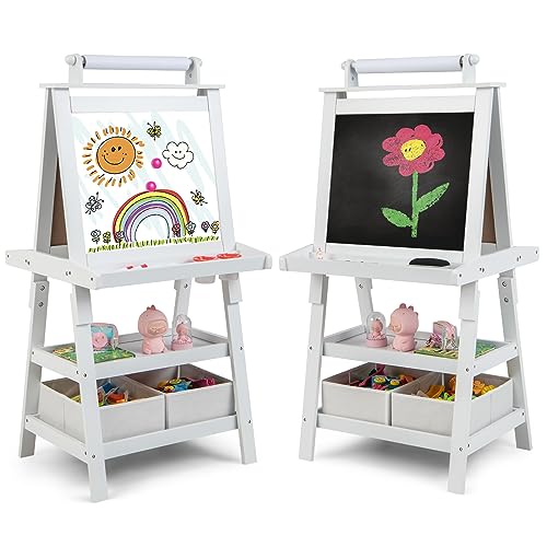 COSTWAY 3 in 1 Kinder Staffelei, Kindertafel doppelseitig, Whiteboard & Kreidetafel & Zeichenpapier, Standtafel inkl. Magneten, 2 Regalebenen Holztafel mit 2 Aufbewahrungsboxen (Beige) von COSTWAY