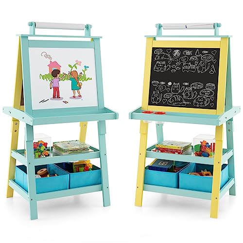 COSTWAY 3 in 1 Kinder Staffelei, Kindertafel doppelseitig, Whiteboard & Kreidetafel & Zeichenpapier, Standtafel inkl. Magneten, 2 Regalebenen Holztafel mit 2 Aufbewahrungsboxen (Blau+Gelb) von COSTWAY