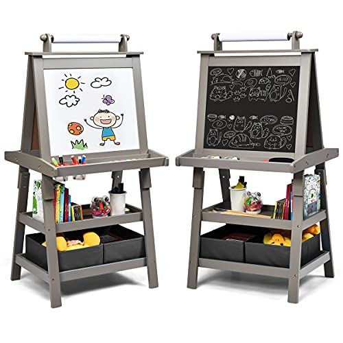 COSTWAY 3 in 1 Kinder Staffelei, Kindertafel doppelseitig, Whiteboard & Kreidetafel & Zeichenpapier, Standtafel inkl. Magneten, 2 Regalebenen Holztafel mit 2 Aufbewahrungsboxen (Grau) von COSTWAY