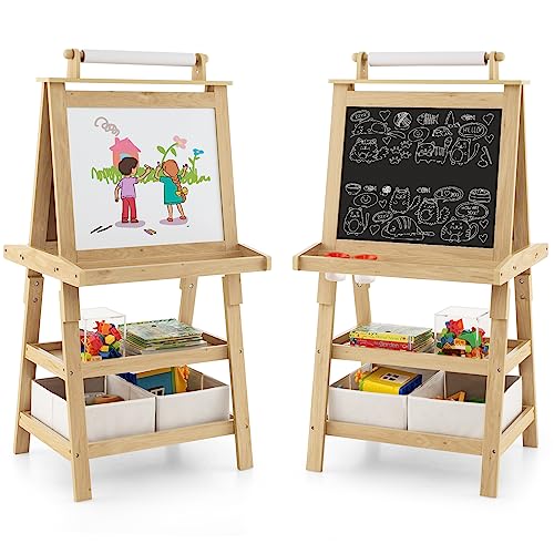 COSTWAY 3 in 1 Kinder Staffelei, Kindertafel doppelseitig, Whiteboard & Kreidetafel & Zeichenpapier, Standtafel inkl. Magneten, 2 Regalebenen Holztafel mit 2 Aufbewahrungsboxen (Natur) von COSTWAY