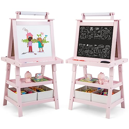 COSTWAY 3 in 1 Kinder Staffelei, Kindertafel doppelseitig, Whiteboard & Kreidetafel & Zeichenpapier, Standtafel inkl. Magneten, 2 Regalebenen Holztafel mit 2 Aufbewahrungsboxen (Rosa) von COSTWAY