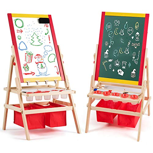 COSTWAY 3 in 1 Kinder Staffelei, Whiteboard & Kreidetafel & Roll Zeichenpapier, Kindertafel doppelseitig, Standtafel, Spieltafel, Holztafel, inkl. 2 Aufbewahrungsboxen und Zubehör von COSTWAY