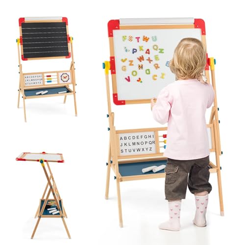 COSTWAY 3 in 1 Kinder Staffelei 360°drehbar, Standtafel doppelseitig mit Whiteboard & Kreidetafel, Kindertafel aus Kiefernholz mit Ablage, Papierrolle, Abakus, Uhr & Alphabet für Kinder ab 3 Jahren von COSTWAY