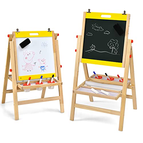 COSTWAY 3 in 1 Kinder Staffelei aus Kieferholz doppelseitig, Whiteboard & Kreidetafel & Zeichenpapier höhenverstellbar/klappbar, Kindertafel mit Ablage und Zubehör (Gelb) von COSTWAY