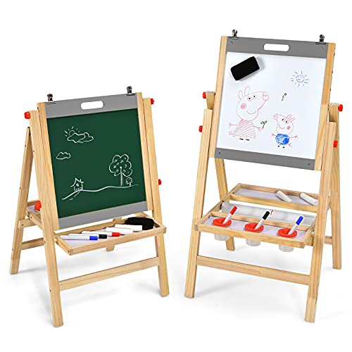 COSTWAY 3 in 1 Kinder Staffelei aus Kieferholz doppelseitig, Whiteboard & Kreidetafel & Zeichenpapier höhenverstellbar/klappbar, Kindertafel mit Ablage und Zubehör (Grau) von COSTWAY