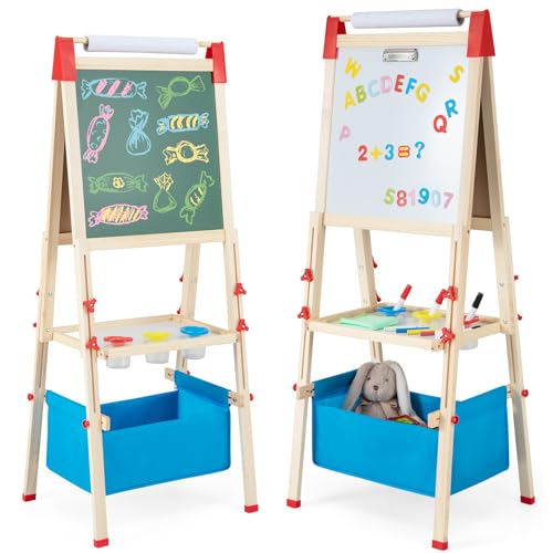 COSTWAY 3 in 1 Kinder Staffelei höhenverstellbar, Kindertafel doppelseitig, Whiteboard & Kreidetafel & Zeichenpapier mit Buchstaben, Zahlen, Kreiden & Farbstift, Standtafel mit Aufbewahungsbox von COSTWAY