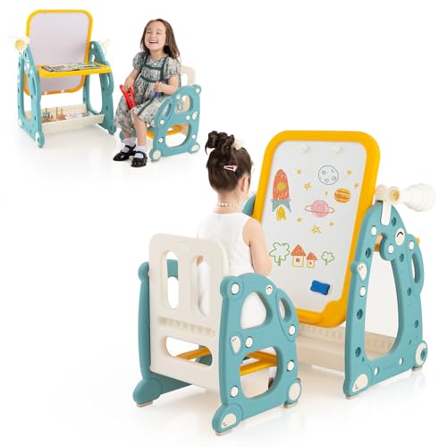 COSTWAY 4 in 1 Staffelei mit Stuhl, Standtafel höhenverstellbar mit 3-stufig verstellbarem Whiteboard, Teleskop & Ringwurfspiel, Kindertafel mit Malzubehör & Radierer für 1-8 Jahren Kinder von COSTWAY