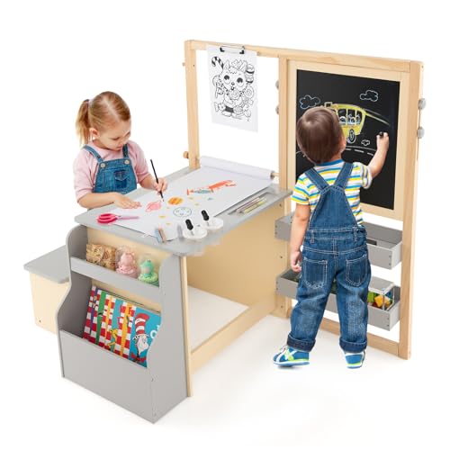 COSTWAY 6 in 1 Kinder Staffelei Set, Standtafel aus Holz mit doppelseitiger Kreidetafel & Whiteboard & Papierrolle, Kindertafel höhenverstellbar mit Bank, Ablagen für Kinder ab 3 Jahren (Grau) von COSTWAY