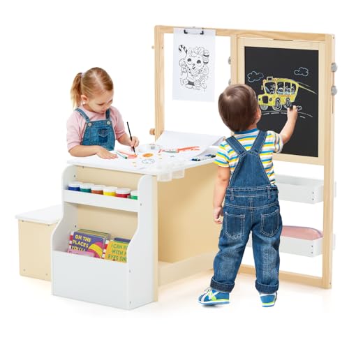 COSTWAY 6 in 1 Kinder Staffelei Set, Standtafel aus Holz mit doppelseitiger Kreidetafel & Whiteboard & Papierrolle, Kindertafel höhenverstellbar mit Bank, Ablagen für Kinder ab 3 Jahren (Weiß) von COSTWAY