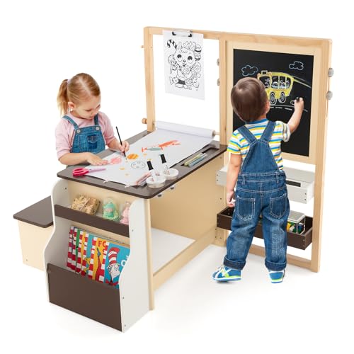 COSTWAY 6 in 1 Kinder Staffelei Set, Standtafel aus Holz mit doppelseitiger Kreidetafel & Whiteboard & Papierrolle, Kindertafel höhenverstellbar mit Bank, Ablagen für Kinder ab 3 Jahren (Kaffee) von COSTWAY